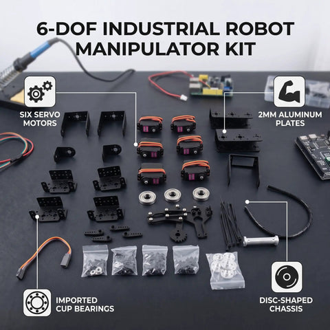 6-Degree Freedom Mechanical Robot Arm Kit With Servo Motors includes six servo motors, aluminum plates, and components for assembly.