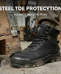 Steel Toe Work Boots For Men And Women Slip Resistant Puncture Proof Safety Shoes Lightweight Comfort For All Day Wear ASTM F2413 18 Certified Durable Microfiber Upper Rugged Job Site Boots shown protecting foot from falling crate.