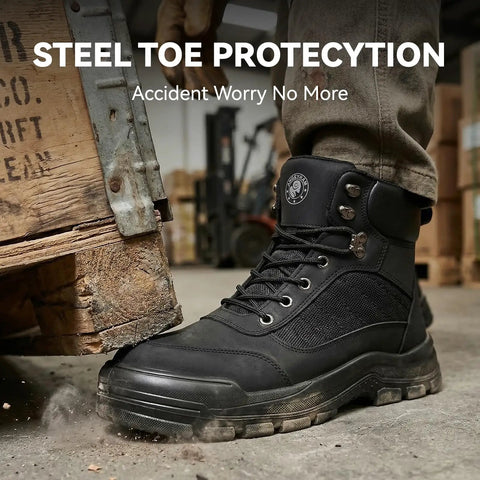 Steel Toe Work Boots For Men And Women Slip Resistant Puncture Proof Safety Shoes Lightweight Comfort For All Day Wear ASTM F2413 18 Certified Durable Microfiber Upper Rugged Job Site Boots shown protecting foot from falling crate.