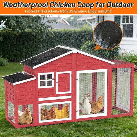Backyard Chicken Coop For 4 To 6 Hens, 84.7 Inch Long Outdoor Hen House With Nesting Box, All Weather Roof, Leakproof Tray, Easy Setup And Cleanup, Red in backyard