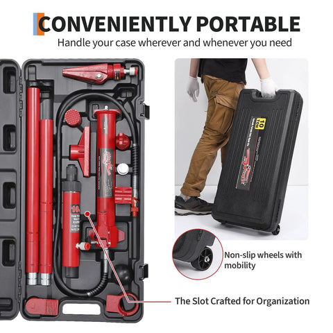 Front view of GarveeTech 10-ton porta power hydraulic kit with red components in a wheeled case