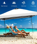 10x10 Pop Up Canopy Tent With Four Sidewalls One Push Setup for Quick No Tool Outdoor Shade on beach with two loungers