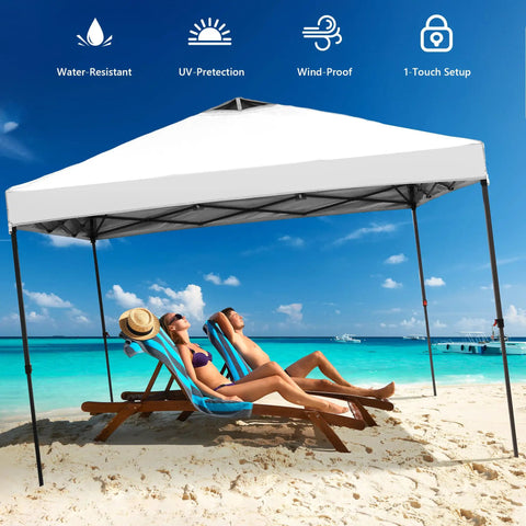 10x10 Pop Up Canopy Tent With Four Sidewalls One Push Setup for Quick No Tool Outdoor Shade on beach with two loungers