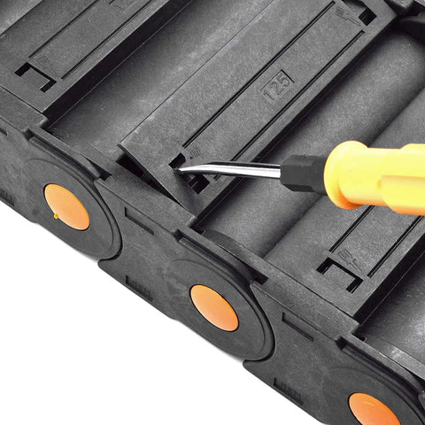 R100 Open Cable Drag Chain Carrier for CNC Machines, close-up showing openable design with screwdriver, 1 meter long, 35x100mm