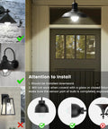 No Brainer Motion Sensor LED Bulbs 13W 100W Equivalent shown in different light fixtures with install instructions for outdoor use