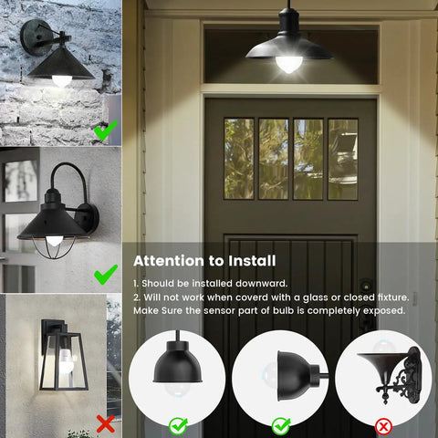 No Brainer Motion Sensor LED Bulbs 13W 100W Equivalent shown in different light fixtures with install instructions for outdoor use