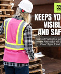Woman wearing Women's Hi-Vis Safety Vest With Pockets Pink Reflective Tape For Construction And Outdoor Work Lightweight