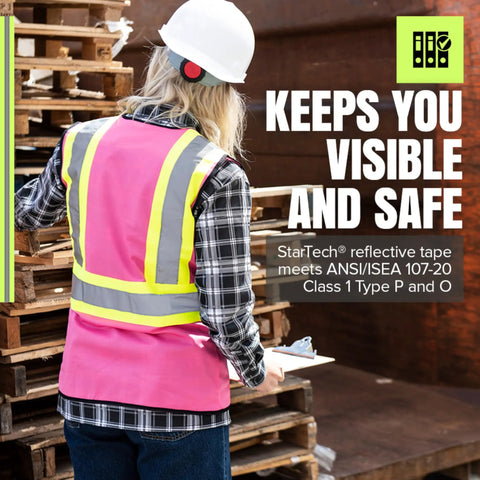 Woman wearing Women's Hi-Vis Safety Vest With Pockets Pink Reflective Tape For Construction And Outdoor Work Lightweight