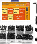 Heavy Duty M3 Set Screws Kit With 350 Pieces Headless Grub Screws In Sizes 3, 4, 5, 6, 8, 10, 12mm Allen Head Socket Cap Screws Internal Hex Drive 12.9 Class Alloy Steel Corrosion Resistant Durable Hardware Fastener Kit displayed in open box