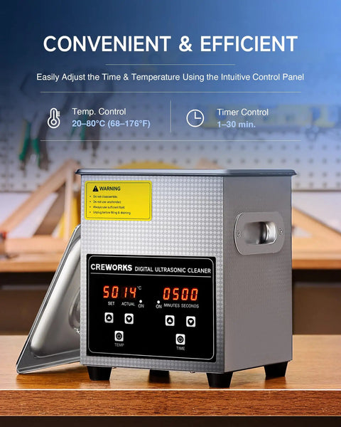 Professional 2 Liter Ultrasonic Jewelry Cleaner With 40 KHZ Frequency 100 Watt Heater Digital Timer on control panel.