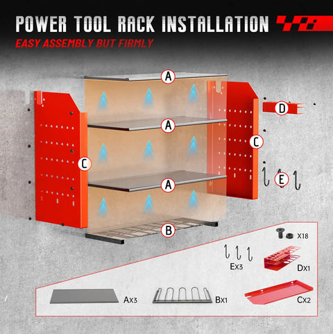 Power Tool Organizer Wall Mount With Charging Station installation diagram showing parts and assembly steps