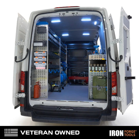 Open van with interior shelving and organized tools, showcasing Heavy Duty Metal Power Tool Organizer Wall Mount Holds Five Drills And Space For Cordless Charger Ideal Garage Storage Rack For Tools Bits And Accessories.
