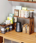 Kitchen Countertop Organizer And Spice Rack For Pantry And Coffee Station Space Saver Stackable Cabinet Shelves Rustic Wood Brown Finish No Fuss Easy To Assemble holding coffee supplies and spices on counter.