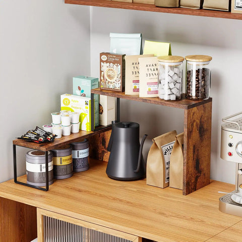 Kitchen Countertop Organizer And Spice Rack For Pantry And Coffee Station Space Saver Stackable Cabinet Shelves Rustic Wood Brown Finish No Fuss Easy To Assemble holding coffee supplies and spices on counter.