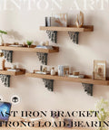 Badass Octopus Cast Iron Shelf Brackets 2 Pack, 5.18 Inch Decorative L Brackets supporting wooden shelves with plants.