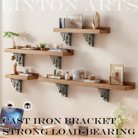 Badass Octopus Cast Iron Shelf Brackets 2 Pack, 5.18 Inch Decorative L Brackets supporting wooden shelves with plants.