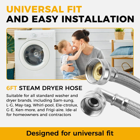 6ft stainless steel steam dryer hose with 90-degree elbow, inlet adapter and Y-connector — close-up view