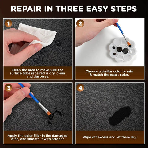 Repair process for Black Leather And Vinyl Repair Kit For Car Interiors Home Furniture Couches And Kicks showing steps to fix tears.