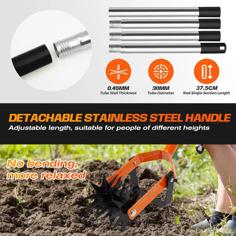 72 Inch Rotary Cultivator Tool Hand Tiller with detachable stainless steel handle in use on soil.