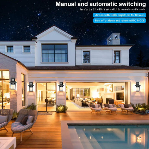 Modern house with 2 Pack Motion Sensor Outdoor Wall Lights No Brainer Dusk To Dawn Auto Lighting With Photocell And PIR Tech Black Weatherproof