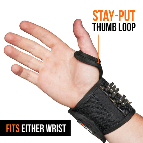 Kickass Magnetic Wristband With Thumb Loop Keeps Screws Nails And Drill Bits Locked Tight While You Tackle Projects Crafted From Reinforced Ballistic Nylon, showing adjustable thumb loop and fit for either wrist.