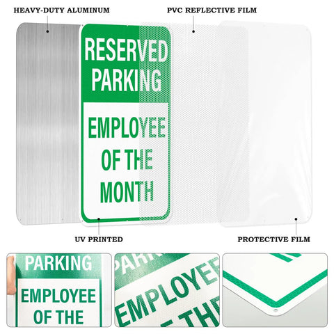 12 By 18 Inches Employee Of The Month Parking Signs 2 Pack Reflective Aluminum Waterproof Fade Resistant Heavy Duty Outdoor Reserved Parking Signage With UV Protected Finish, front view
