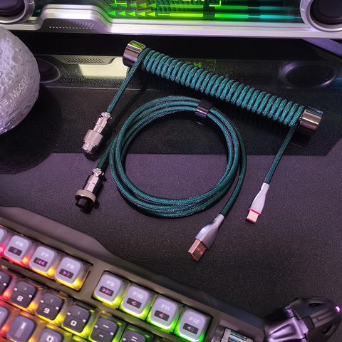 Pro Grade USB A To USB C Spiral Keyboard Cable 1.8M Dark Green Wear Resistant Braided Sheath Aviation Style Plug on mechanical keyboard desk