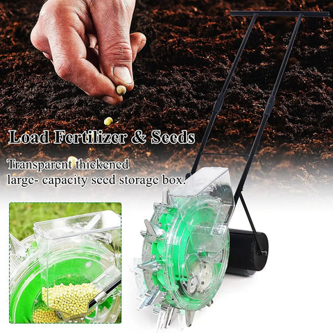 Handheld Roller Seeder And Fertilizer Spreader For Precision Planting with transparent seed storage and ergonomic design