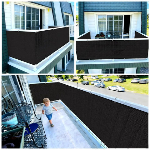 Black 3x16 Balcony Privacy Screen Made From HDPE UV Protected Fence Mesh Shade Net Cover For Outdoor Wall Garden Yard Patio Porch Deck Blocks 95 Percent Sunlight And Adds Total Privacy For Your Outdoor Space installed on balcony
