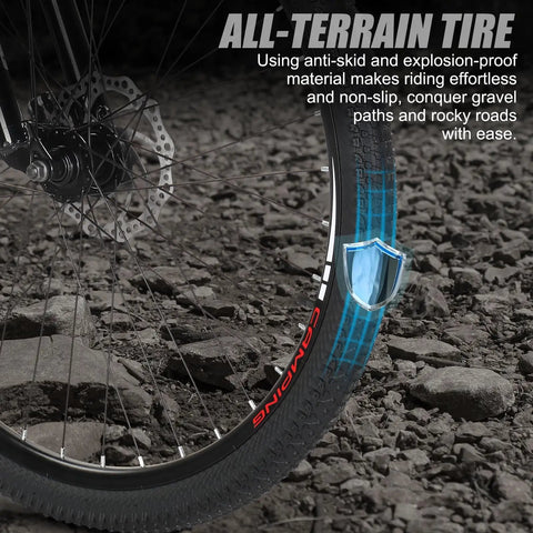 Close-up of Trail Ready 27.5 Inch Mountain Bike all-terrain tire on rocky ground, featuring disc brake and anti-skid material.