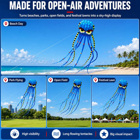 26Ft Sky Octopus Kite Mega Giant 3D Parafoil for Adults and Kids Blue With 1000D String flying at beach park and festival
