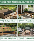 Collage of outdoor benches with black waterproof cushions for porch swing, backyard sofa, park bench, and patio set, 48x18x3 inches.
