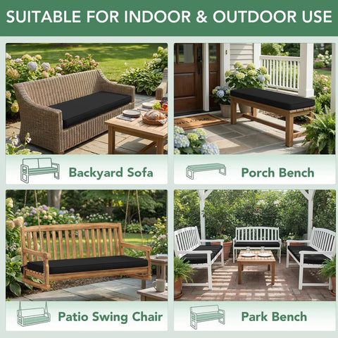 Collage of outdoor benches with black waterproof cushions for porch swing, backyard sofa, park bench, and patio set, 48x18x3 inches.