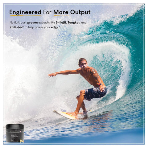 Surfer riding wave with Self Obsessed Maxxed 10-In-1 Men's Vitality Formula With PrimaVie Shilajit, Tongkat Ali, KSM-66 Ashwagandha