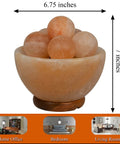 Fire Bowl Salt Lamp With Crystal Massage Balls Handcrafted From Pakistan, calming glow for home decor, dimensions shown.