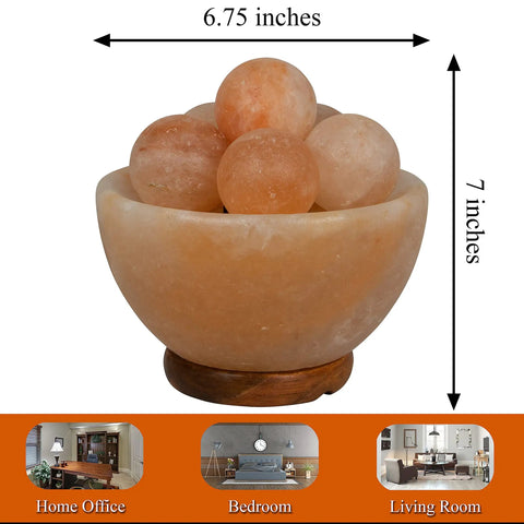 Fire Bowl Salt Lamp With Crystal Massage Balls Handcrafted From Pakistan, calming glow for home decor, dimensions shown.
