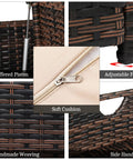 Close-up of 40 Gallon Outdoor Rattan Deck Box With Cushioned Seat showing features like adjustable feet, piston, and soft cushion.