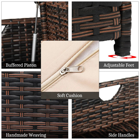 Close-up of 40 Gallon Outdoor Rattan Deck Box With Cushioned Seat showing features like adjustable feet, piston, and soft cushion.