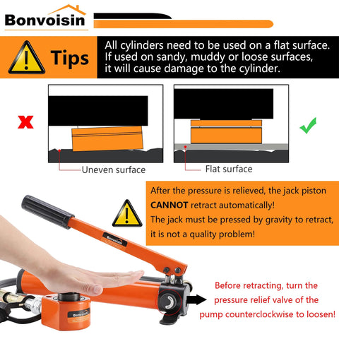 Bonvoisin 10T hydraulic cylinder jack, orange body with black handle, low-profile porta power for machinery