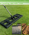 Heavy Duty Lawn Leveling Rake With Adjustable Long Handle Dual Sided Tines With Serrated Side on grass with gravel and rut inserts.