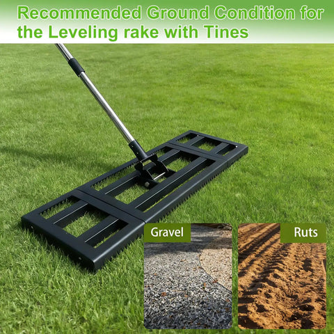 Heavy Duty Lawn Leveling Rake With Adjustable Long Handle Dual Sided Tines With Serrated Side on grass with gravel and rut inserts.