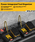 Heavy Duty Power Tool Organizer Wall Mount with 4 Tier Rack and 8 Drill Holders, charging station and outlets, close-up view