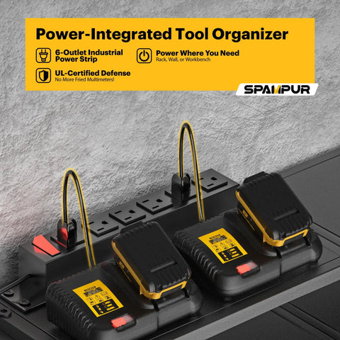 Heavy Duty Power Tool Organizer Wall Mount with 4 Tier Rack and 8 Drill Holders, charging station and outlets, close-up view