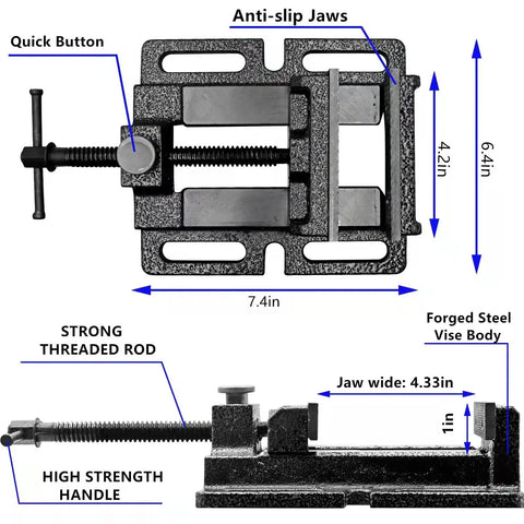Beefy 4 Inch Heavy Duty Drill Press Vise With Quick Release Clamp Low Profile Benchtop Vise For Workbench Drills 4.3 Inch Jaw Opening And 4 Inch Jaw Width Includes 4 Bolts, forged steel body with threaded rod