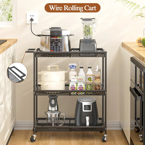 Three Tier Rolling Utility Kitchen Cart with heavy duty metal construction and wire shelves on wheels, versatile for kitchen storage.