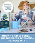 Woman using Bonsai Tree Kit For Beginners Grow Your Own Mini Bonsai With Four Varieties Seed Starter Kit Includes Potting Soil Jute Bags Pruning Shears Plant Markers And Easy Step By Step Guides on table.