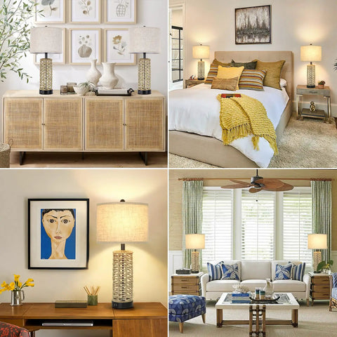 Rattan Table Lamps Set Of 2 With Dual USB Ports And Rotary Switch Boho Cream Fabric Shade in bedroom and living room setups