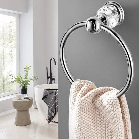 Slick Chrome Towel Ring With Crystal Accent, Flexible 180 Degree Rotating Wall Mounted Bath Hand Towel Holder in use
