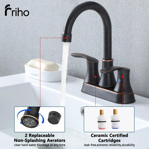 Lead Free Centerset Modern Two Handle Oil Rubbed Bronze Bathroom Faucet 3 Hole 4 Inch Vanity For RV And Home Includes Drain Stopper