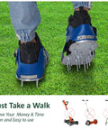 Person walking on grass wearing blue Lawn Aerator Shoes With Metal Spikes, Spike Sandals For Easy Lawn Aeration And Soil Loosening.